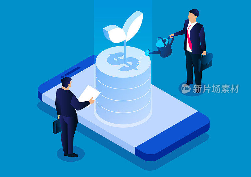 Mobile phone financial management sprinkler watering golden coin sprouts, financial investment illustration